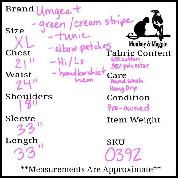 Umgee+ Women's Tunic Green Cream Stripe Elbow Patches Sharkbite Hem XL - Picture 8 of 8